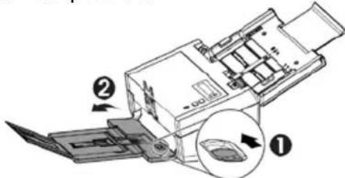 Technical diagram of a mechanical device with labeled parts and directional arrows indicating movement or assembly.