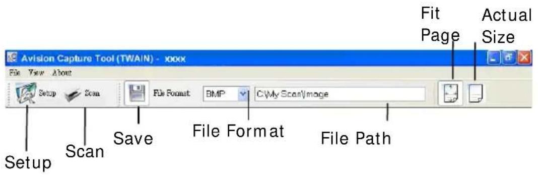 Avision Capture Tool (TWAIN) - xxxx File View About Setup Scan Save File Format BMP C:\My Scan\Image Fit Page Actual Size Setup Scan File Format File Path