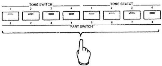 graph TD A["1 TONE SWITCH"] --> B["2"] B --> C["3"] C --> D["4"] D --> E["5"] E --> F["6"] F --> G["7"] G --> H["8"] H --> I["TONE SELECT"] I --> J["PART SWITCH"] J --> K["Hand icon pointing to the second pair of timer icons"]