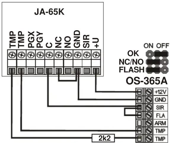 JA-65K TMP TMP PGX PGY C NC NO GND SIR +U ON OFF OK NC/NO FLASH OS-365A +12V GND SIR FLA ARM TMP TMP 2k2