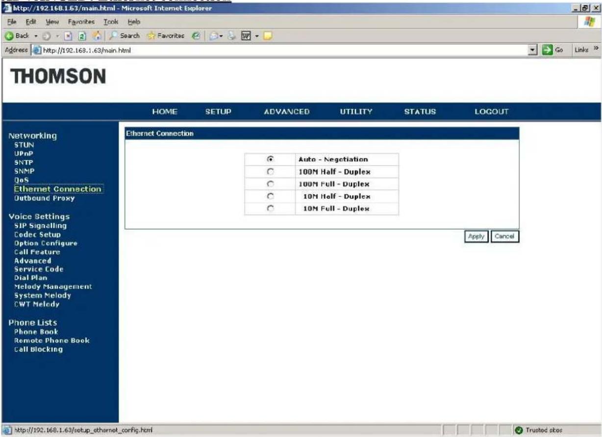 Screenshot of a THOMSON router configuration page showing the 'Ethernet Connection' settings under the 'Networking' menu. The page displays options for Auto-Negotiation, 100M Half-Duplex, 100M Full-Duplex, 10M Half-Duplex, and 10M Full-Duplex. There are Apply and Cancel buttons.