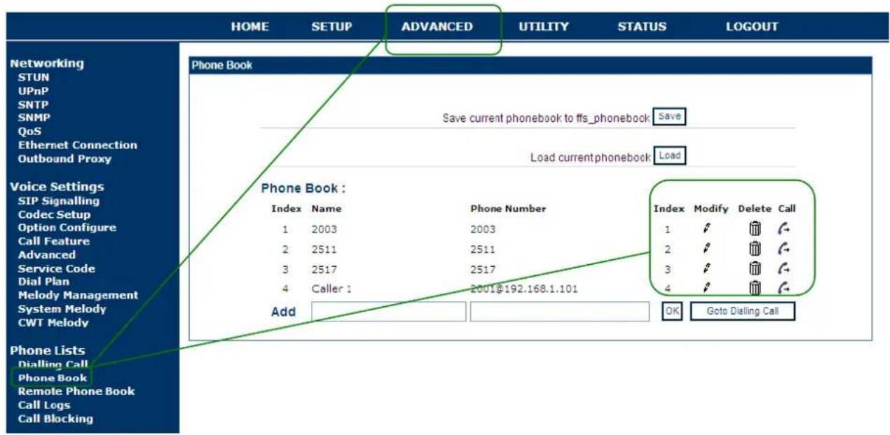 HOME SETUP ADVANCED UTILITY STATUS LOGOUT Networking STUN UPnP SNTP SNMP QoS Ethernet Connection Outbound Proxy Phone Book Save current phonebook to ffs_phonebook Save Load current phonebook Load Voice Settings SIP Signalling Codec Setup Option Configure Call Feature Advanced Service Code Dial Plan…