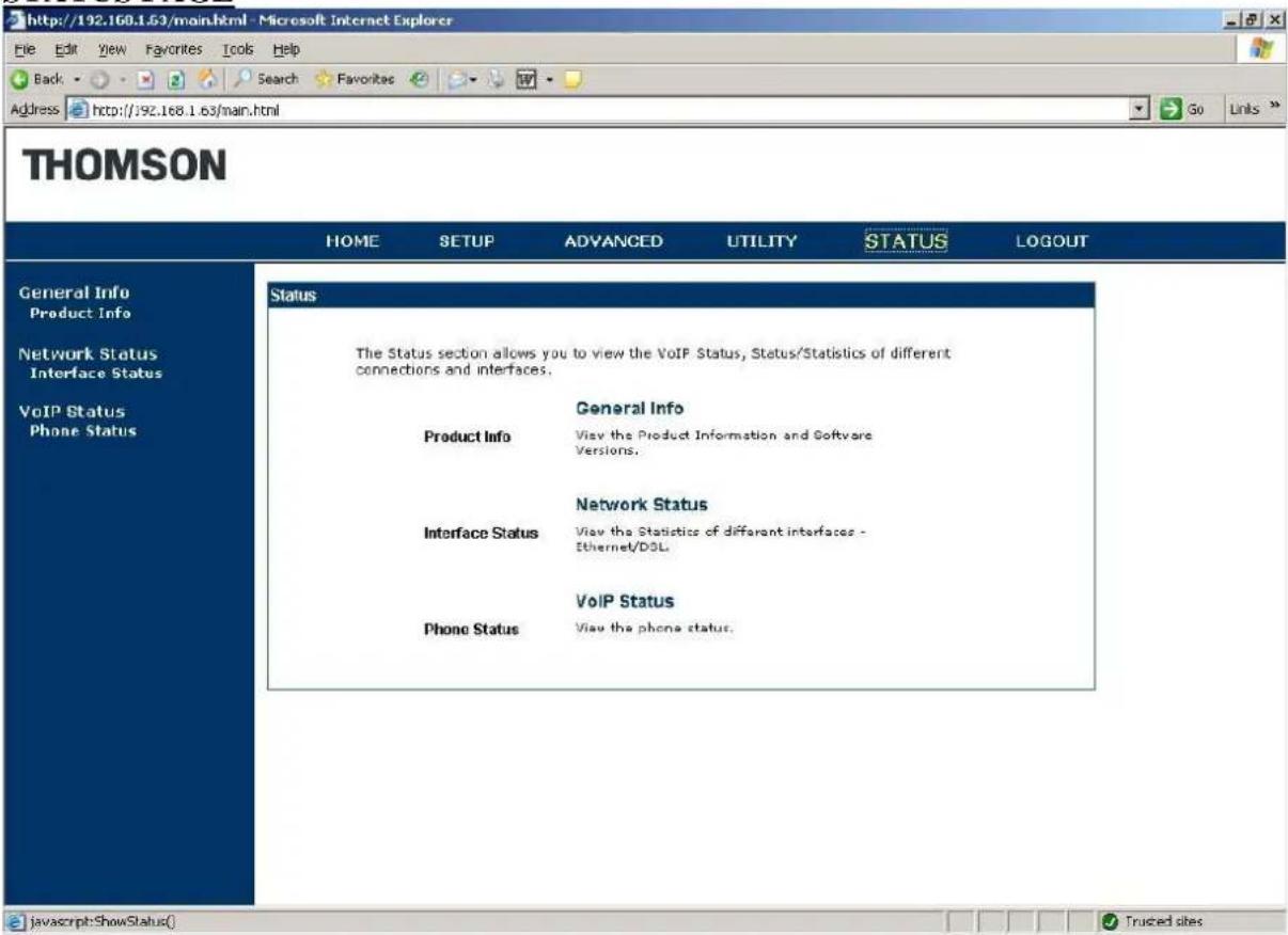 Screenshot of the Thomson router web interface at http://192.168.1.63/main.html. The page shows the Status section with menu items: General Info, Product Info, Network Status, Interface Status, VoIP Status, Phone Status. The text describes that the Status section allows viewing VoIP Status and stati…