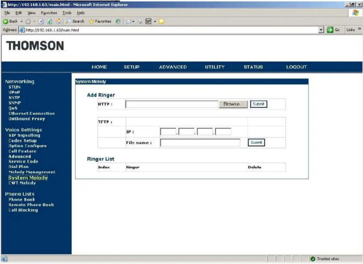 Screenshot of a THOMSON router configuration page at http://192.168.1.63/main.html. The browser window title is 'http://192.168.1.63/main.html - Microsoft Internet Explorer'. The menu bar shows File, Edit, View, Favorites, Tools, Help. The toolbar has Back, Search, Favorites. The Address bar shows t…
