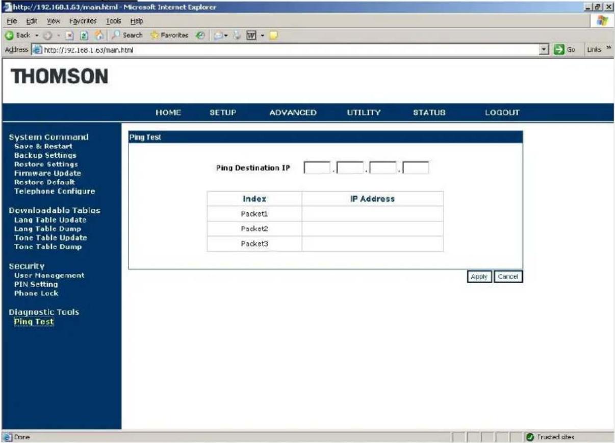 Screenshot of a web page titled 'http://192.168.1.53/main.html - Microsoft Internet Explorer'. The browser interface shows menus: File, Edit, View, Favorites, Tools, Help, with Back, Search, Favorites buttons and an Address bar. The page is from THOMSON and has navigation tabs: HOME, SETUP, ADVANCED…