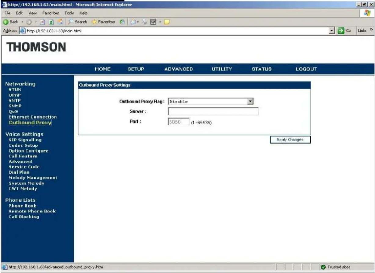 Screenshot of a THOMSON router configuration page showing 'Outbound Proxy Settings' under the 'Outbound Proxy' menu. The page displays 'Outbound Proxy Flag: Disable', a 'Server' field, and a 'Port' field set to 5050 (1~65535). There is an 'Apply Changes' button.