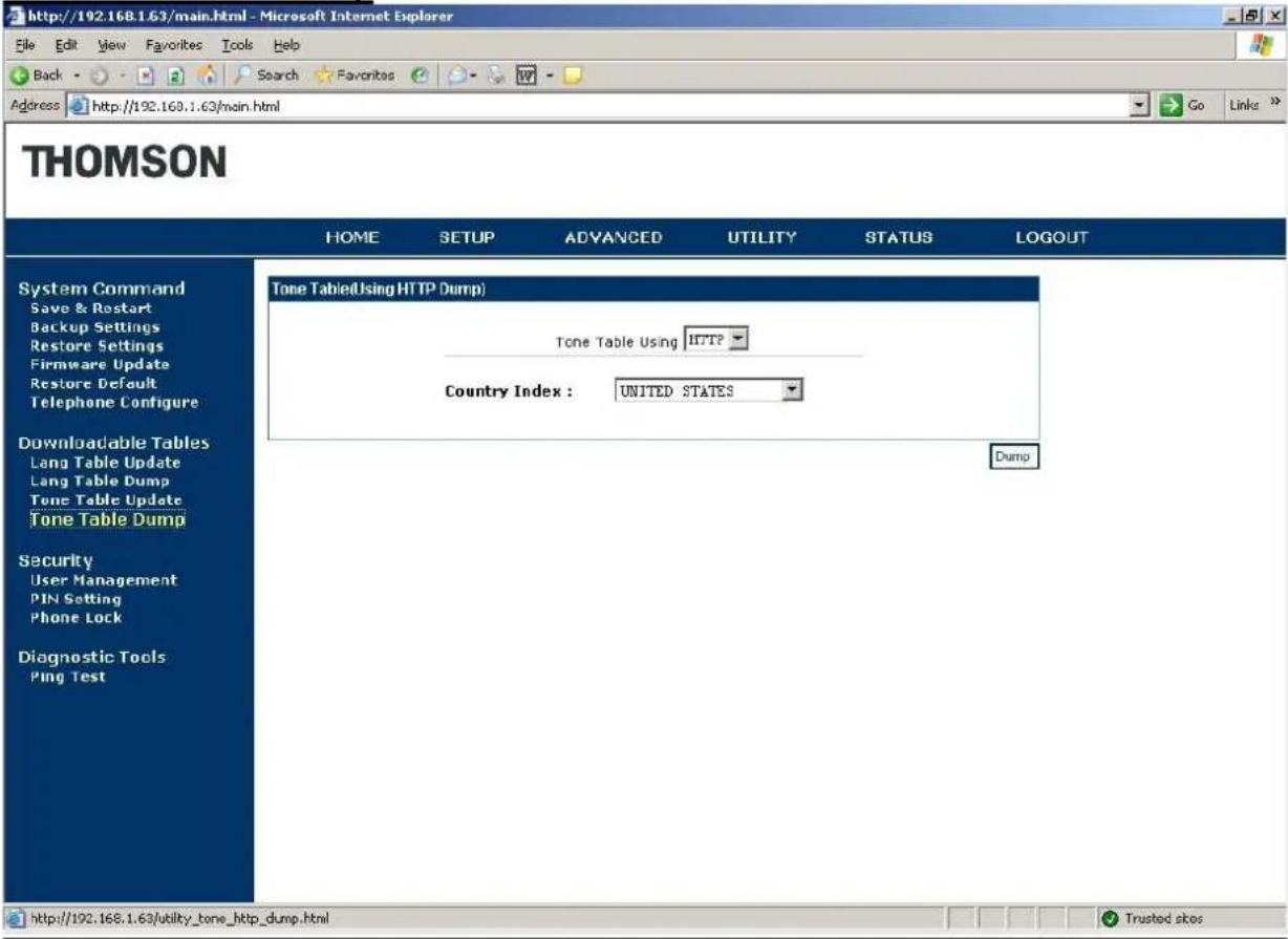 Screenshot of a Thomson router web interface page titled 'Tone Table (Using HTTP Dump)'. The page shows the Thomson logo and navigation tabs: HOME, SETUP, ADVANCED, UTILITY, STATUS, LOGOUT. The left sidebar lists menu items under System Command, Downloadable Tables, Security, and Diagnostic Tools. T…
