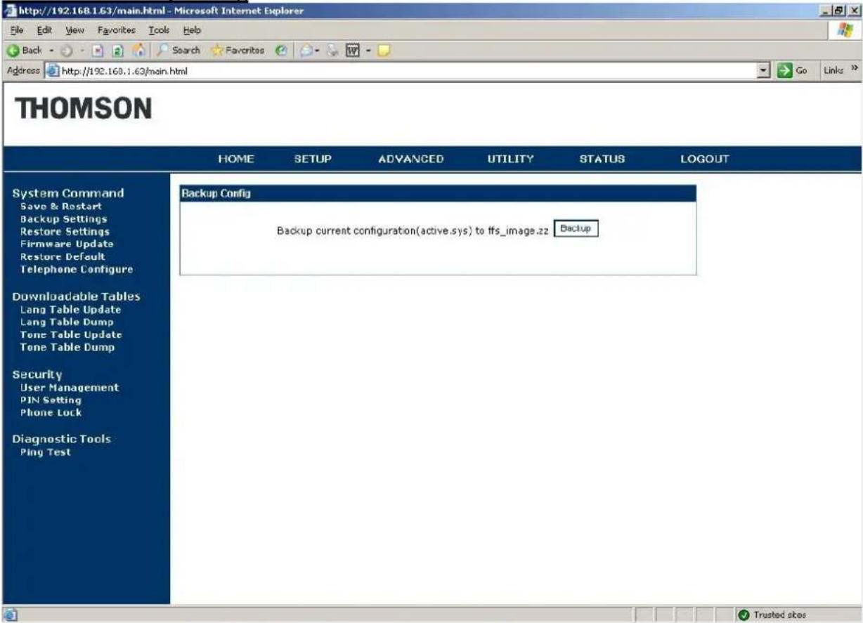 Screenshot of a web browser window titled 'http://192.168.1.63/main.html - Microsoft Internet Explorer'. The page shows the THOMSON router interface with tabs: HOME, SETUP, ADVANCED, UTILITY, STATUS, LOGOUT. The left menu lists: System Command (Save & Restart, Backup Settings, Restore Settings, Firm…