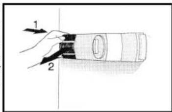Diagram showing a hand holding a cylindrical object with labeled parts 1 and 2, likely illustrating a mechanical or optical process.