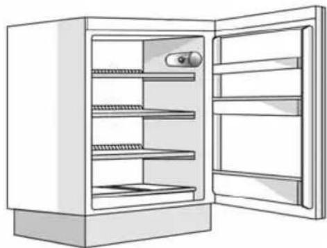 Line drawing of an open refrigerator with shelves and door (no text or symbols).