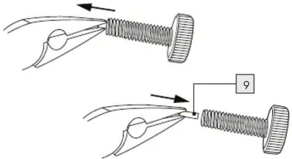 Diagram illustrating two types of forceps (pinning and spring) applied to a spring, with one forceps labeled '9' pointing to the spring.