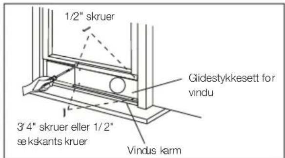 1/2" skruer, 3/4" skruer eller 1/2" sekskantskruer, Glidestykkesett for vindu, Vinduskarm
