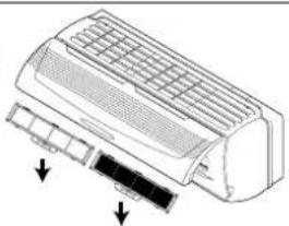 Diagram of a car air conditioner unit with cooling fins and a partially cut section showing internal components (no text or labels)