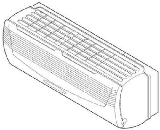 Line drawing of a rectangular air conditioner housing with ventilation grilles (no text or symbols)