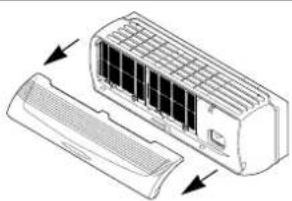 Diagram of a car air conditioner unit with cooling fins and ventilation slots (no text or labels)