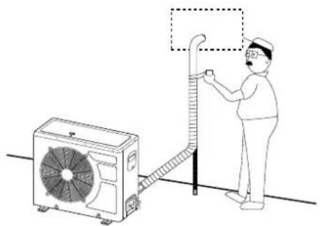 Illustration of a person using a ladder to lift a wall-mounted air conditioner unit (no text or symbols present)