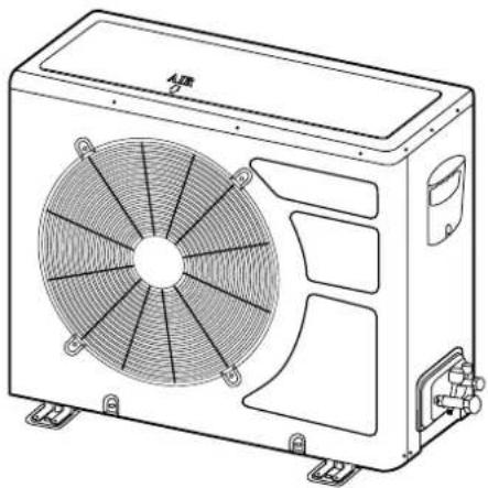 Line drawing of a rectangular air conditioning unit with a circular fan and mounting base (no text or symbols)
