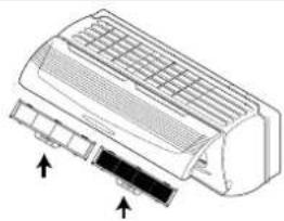 Technical line drawing of a car air conditioner unit with cooling fins and ventilation slots (no text or symbols)
