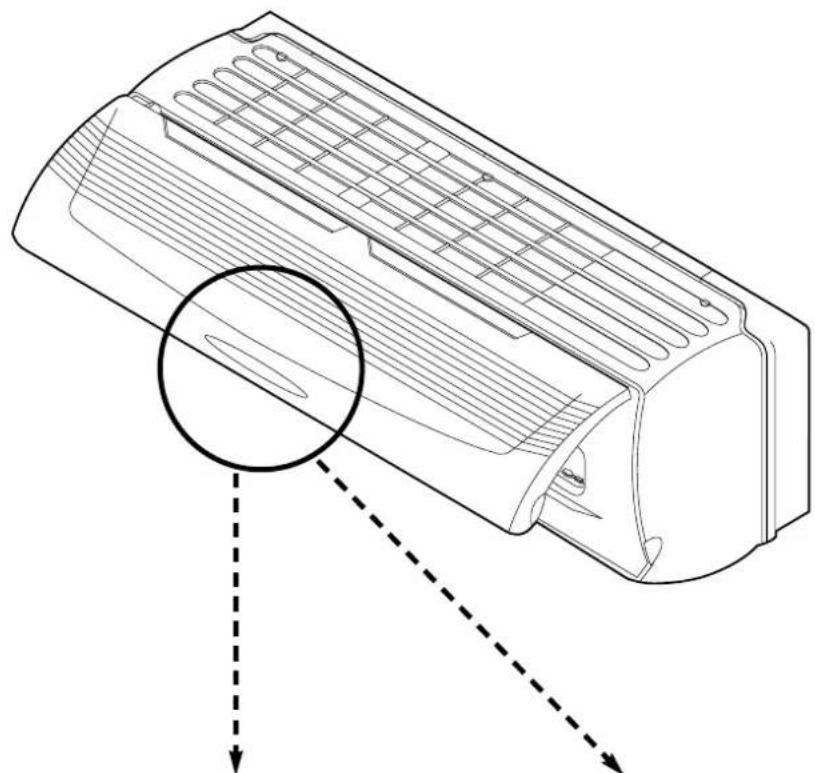 Technical line drawing of a car air conditioner unit with airflow direction arrows (no text or symbols)