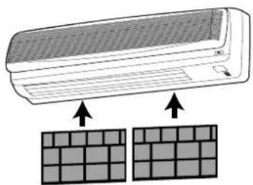 Illustration of a wall-mounted air conditioner unit with two grid-patterned panels below (no text or symbols)