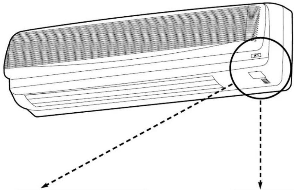 Line drawing of a wall-mounted air conditioner unit with a magnified inset showing internal components (no text or symbols)