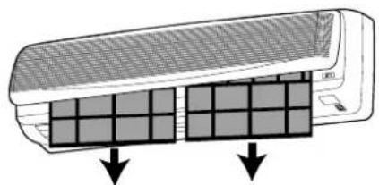 Diagram of a car air conditioner unit with two panels and airflow arrows indicating airflow direction (no text or symbols)