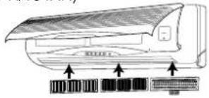 Diagram of an air conditioner unit with cooling fins and ventilation slots (no text or labels)
