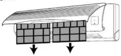 Diagram of a wall-mounted air conditioner unit with two grid panels and airflow arrows (no text or symbols)