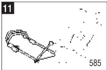Pixelated line drawing of a hand holding a small object, with scattered dots and numbers 11 and 585 (no readable text or symbols)