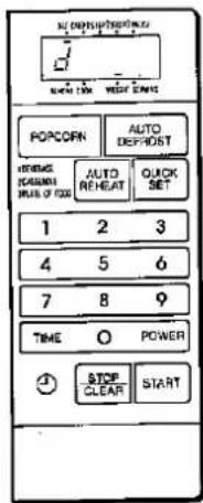 NO DEPOT/DEPOT NEW ORDER WEIGHT START POP CORN AUTO DEPROMST INTENS. TOMMUS TIME OF 1000 AUTO REHEAT QUICK SET 1 2 3 4 5 6 7 8 9 TIME POWER STOP CLEAR START