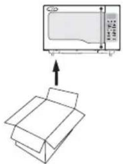 Diagram showing a microwave oven with labeled components and an open box, indicating internal structure.