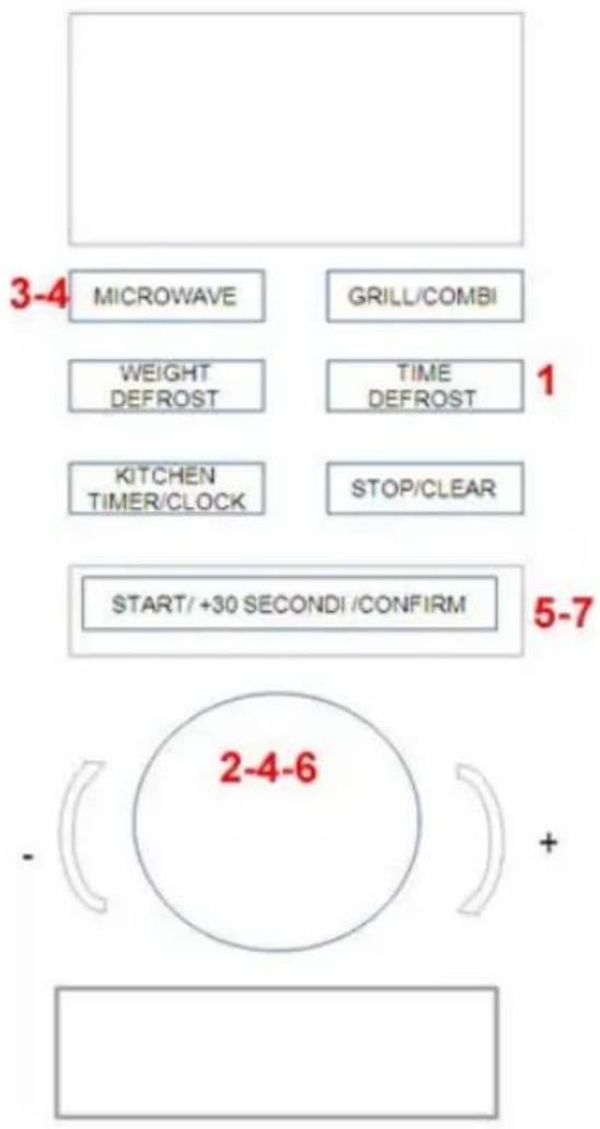 3-4 MICROWAVE GRILL/COMBI WEIGHT TIME DEFROST DEFROST KITCHEN STOP/CLEAR TIMER/CLOCK STOP/CLEAR START/+30 SECONDI/CONFIRM 5-7 2-4-6 - +