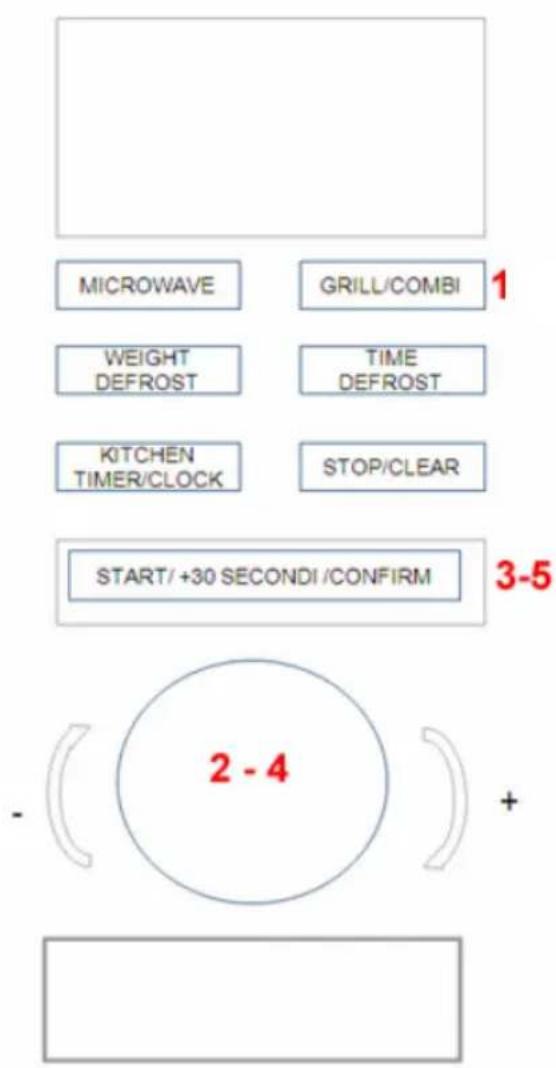 MICROWAVE GRILL/COMBI 1 WEIGHT DEFROST TIME DEFROST KITCHEN TIMER/CLOCK STOP/CLEAR START/+30 SECONDI/CONFIRM 3-5 2 - 4 +