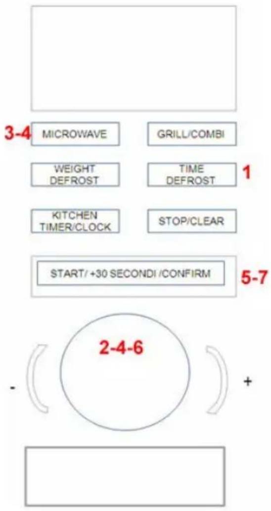 3-4 MICROWAVE GRILL/COMBI WEIGHT TIME DEFROST DEFROST KITCHEN STOP/CLEAR TIMER/CLOCK STOP/CLEAR START/+30 SECONDI/CONFIRM 5-7 2-4-6 - +