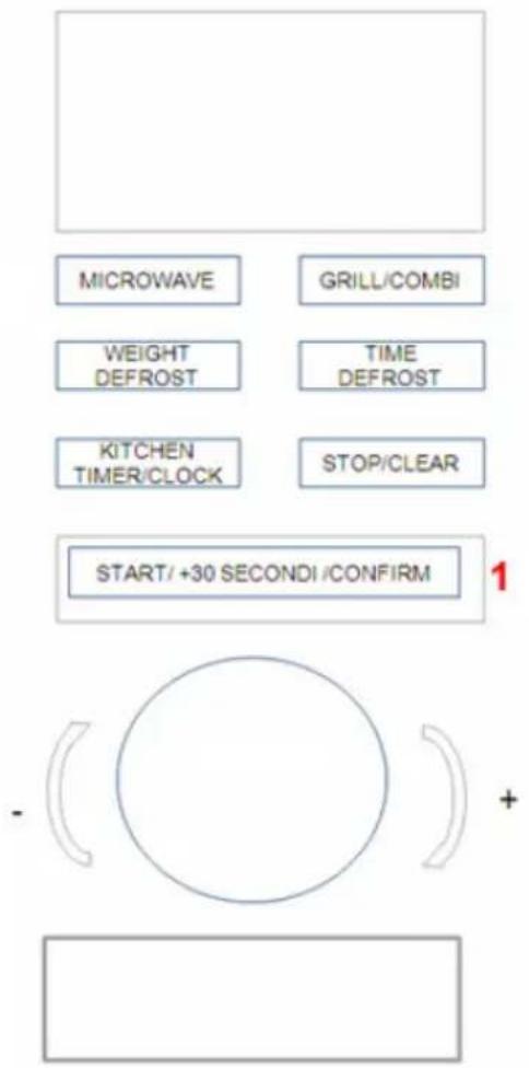 graph TD A["Start"] --> B["MICROWAVE"] A --> C["GRILL/COMBI"] A --> D["WEIGHT DEFROST"] A --> E["TIME DEFROST"] A --> F["KITCHEN TIMER/CLOCK"] A --> G["STOP/CLEAR"] A --> H["START/+30 SECONDI/CONFIRM"] H --> I["+"]