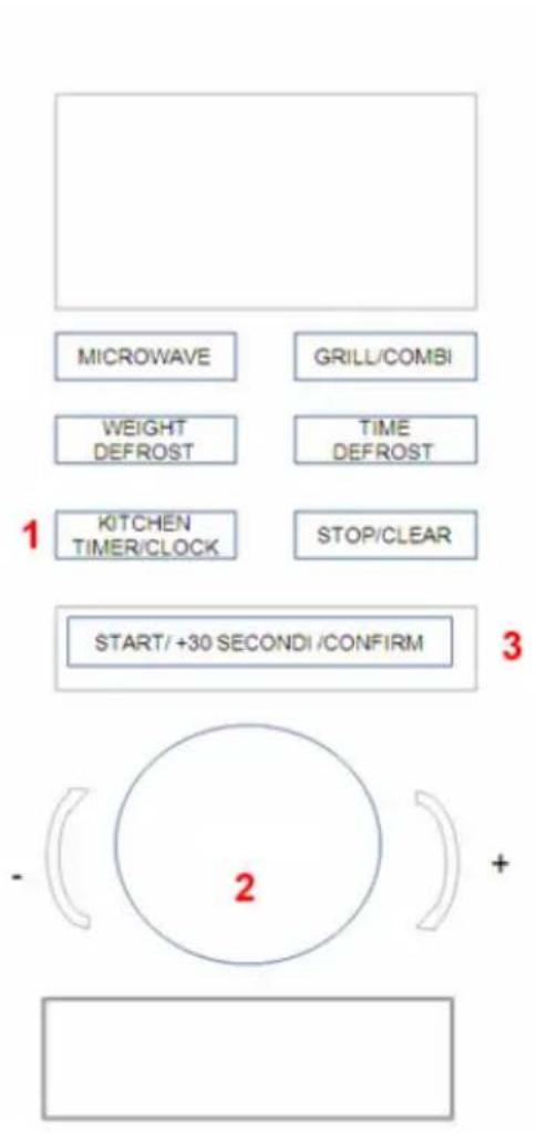 MICROWAVE GRILL/COMBI WEIGHT DEFROST TIME DEFROST 1 KITCHEN TIMER/CLOCK STOP/CLEAR START/+30 SECONDI/CONFIRM 3 - 2 +