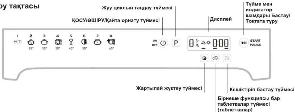 Ту тақтасы Жуу циклын таңдау түймесі КОСУ/ӨШІРУ/Қайта орнату түймесі Дисплей Түйме мен индикатор шамдары Бастау/ Тоқтата түру START PAUSE 1 ECO 2 65° 3 55° 4 50° 5 45° 6 50° 7 65° 8 ON OFF P 0:00 Жартылай жуктеу түймесі Кешіктіріп бастау түймесі Бірнеше функциясы бар таблеткалар түймесі (таблеткалар…
