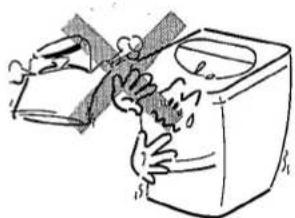 Illustration of a hand washing clothes next to a washing machine (no text or symbols)