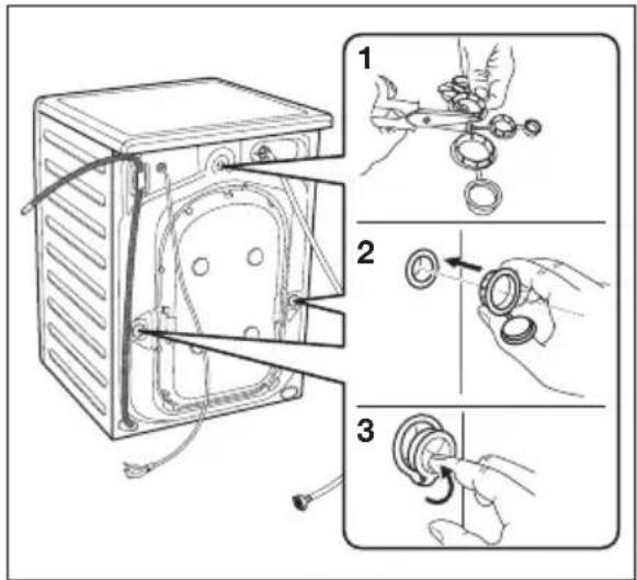 Diagram illustrating three-step installation of a washing machine, showing hand-cranked cleaning steps with labeled diagrams.