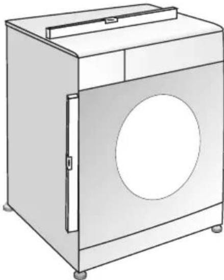 Line drawing of a washing machine with front panel and door.