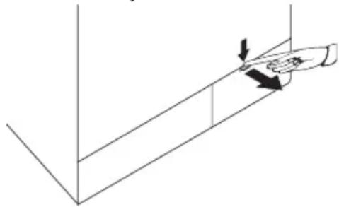 Simple line drawing of a hand pressing down on a vertical surface with arrows indicating motion (no text or symbols)