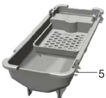3D model of a gray plastic container with a perforated side panel and labeled part '5' (no text or symbols on the object itself).