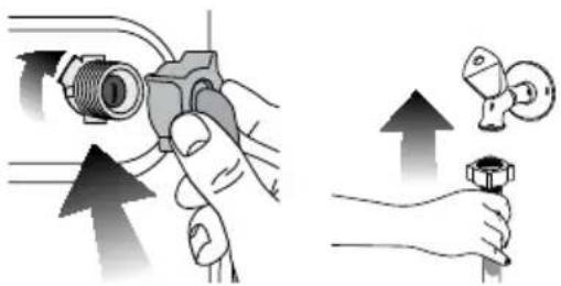 Illustration showing two hand positions: one holding a cable with directional arrows, the other holding a wrench and a small tool (no text or symbols).