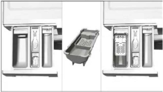 Three-panel illustration of a kitchen appliance drawer with internal compartments and a side view showing a sink and tray (no text or symbols).