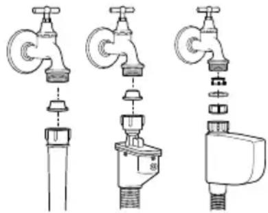Illustration of three different faucet designs with different valve configurations (no text or symbols)