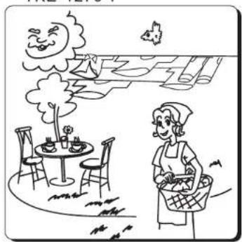 Illustration d'un soleil souriant et d'un arbre dans un café en plein air, avec une personne tenant un panier (aucun texte ni symbole).