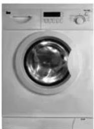 Vue de face d'une machine à laver blanche à trois roues (aucun texte ou étiquette visible)