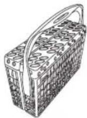 Line drawing of a woven basket with handle and patterned side panels (no text or symbols).