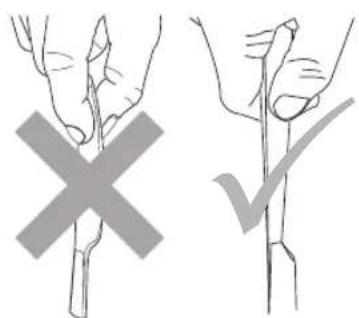 Diagram showing two hand positions with a cross and checkmark, likely illustrating a manual or mechanical procedure.
