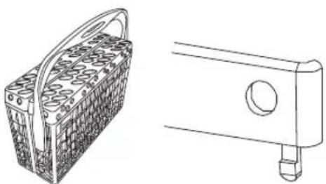 Technical line drawings of two household items: a woven basket and a rectangular device with a circular opening (no text or symbols).